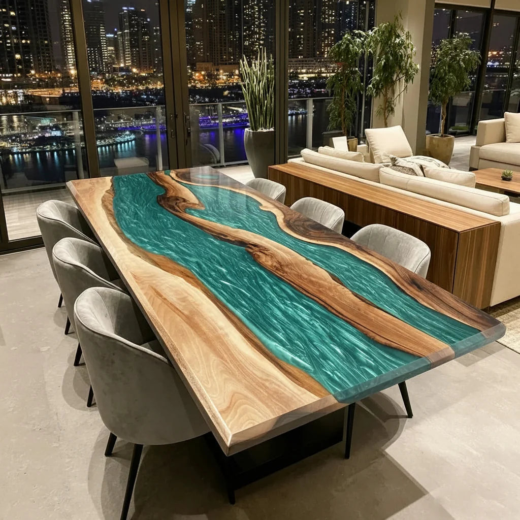 Verdant Green Walnut River Dining Table by Thomas Dawn