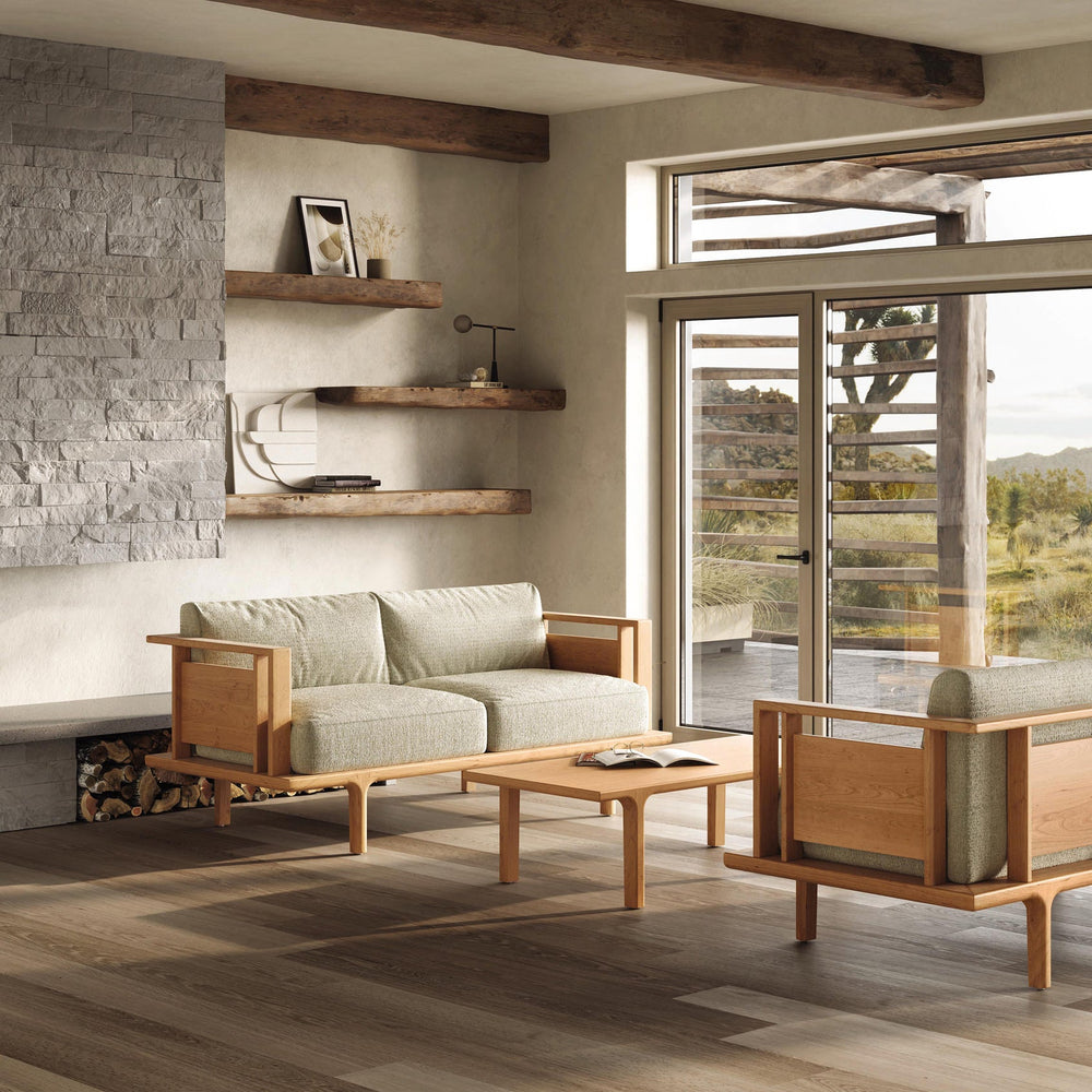 Sierra wood-panel loveseat in a modern interior
