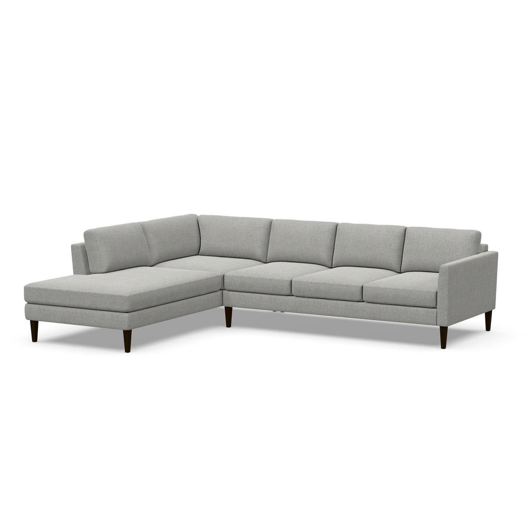 Odette Soft Curve Arm small bumper chaise plus three-seat sofa on white; bumper chaise left when facing the sofa.