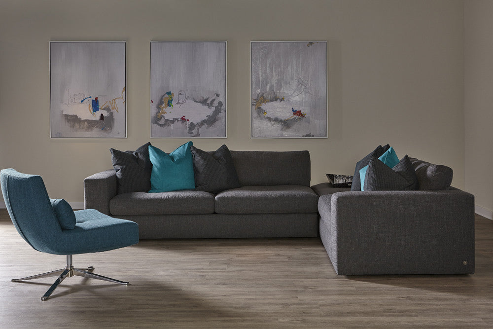 Steve sofa-chaise room scene; chaise right, pictured chair and tables not included.