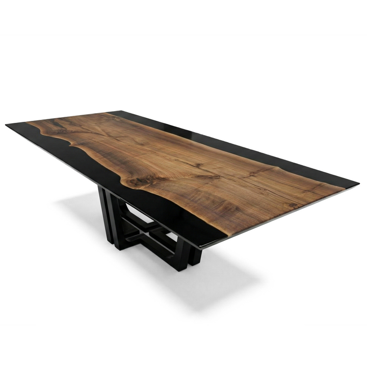 Arditi Black Stheno dining table with walnut and jet-black resin top and matte-black steel base, studio view on white