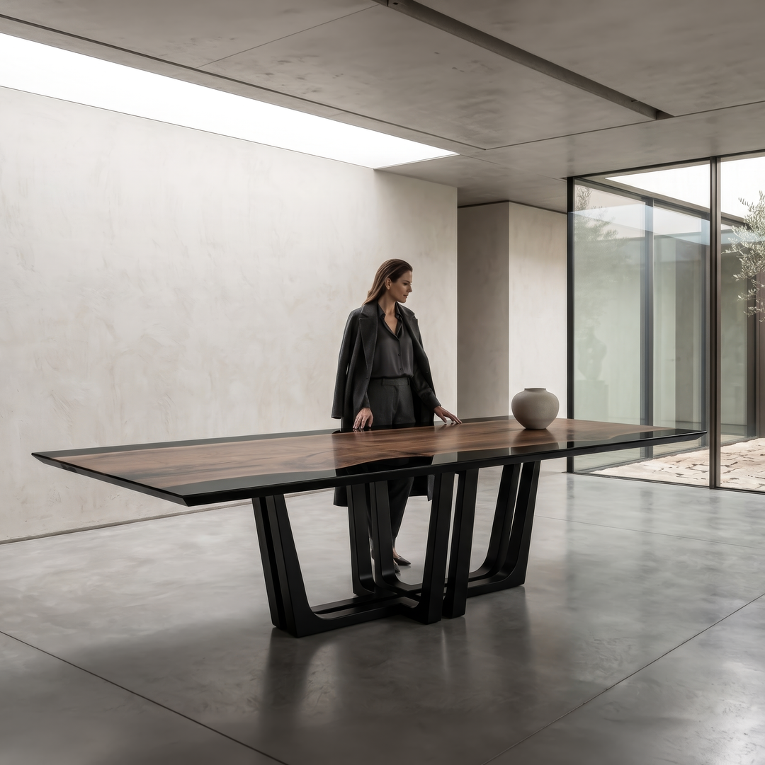 Arditi Black Stheno walnut and black resin dining table in a concrete-walled interior with a woman standing behind the table