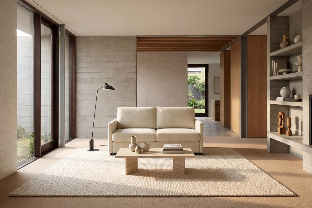 Cream Neah sleeper sofa with slim arms in a long room with tall windows