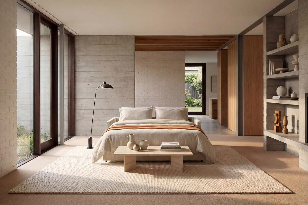 Neah sleeper sofa opened into a bed in a long living room with tall windows