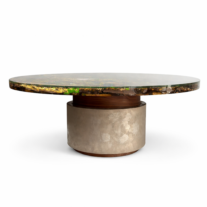 Arditi Jungle Eleadora round dining table with wood bark and moss in a clear resin top and textured metal-resin pedestal, studio view on white