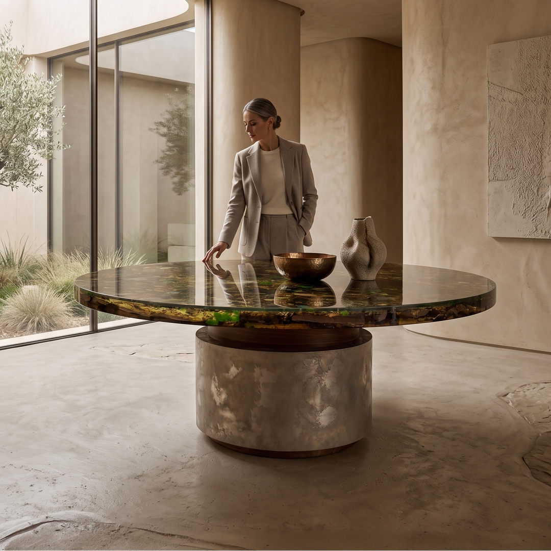Arditi Jungle Eleadora round bark and moss resin dining table in a warm garden-facing interior with a woman beside its textured pedestal base