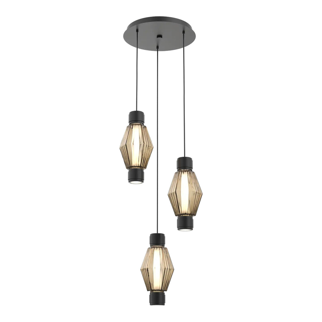 Aalto Mandrel Round Pendant Chandelier by Hammerton Studio – 3 Lights in Matte Black with Bronze glass