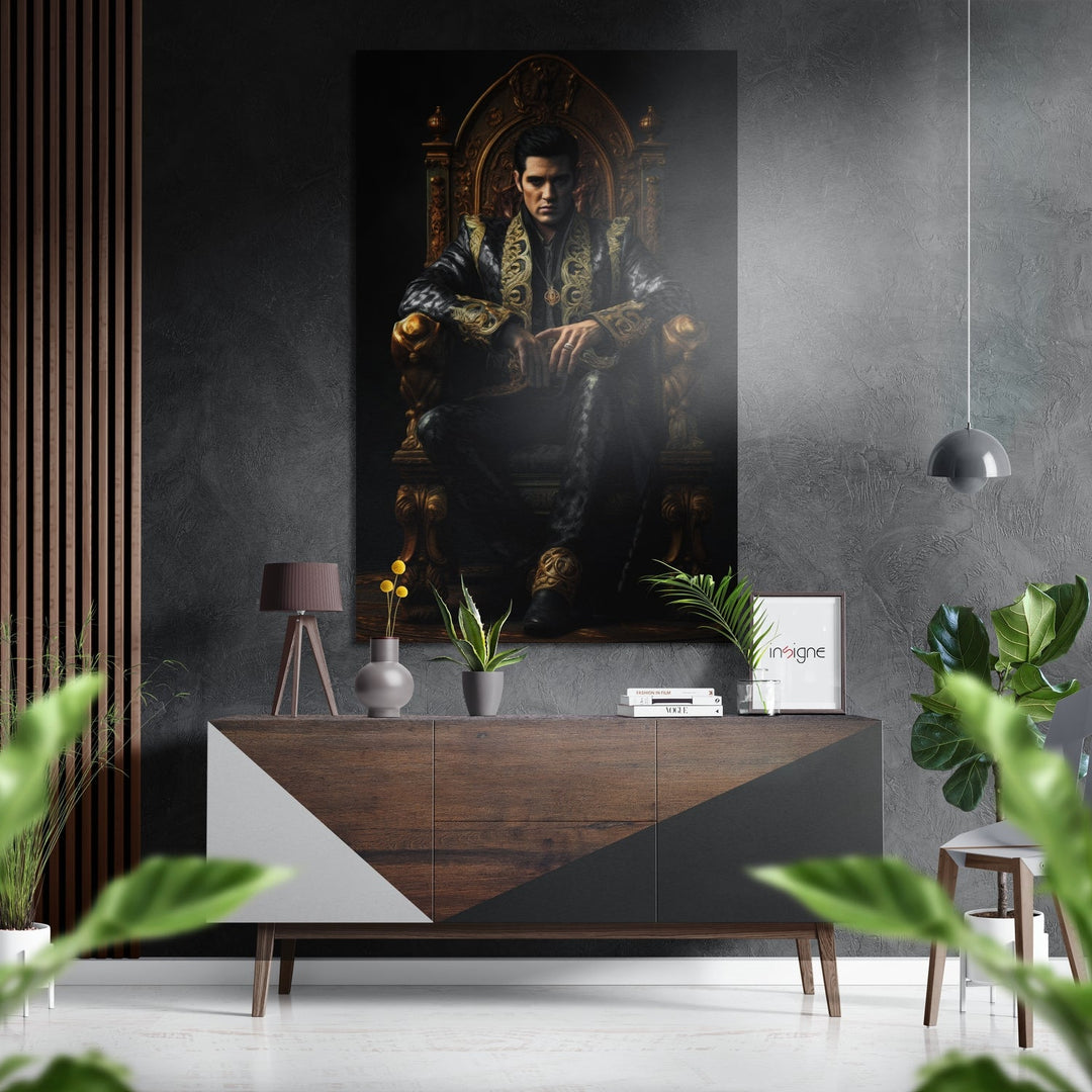 Elvis in Throne Brushed Aluminum Dibond Wall Art.
