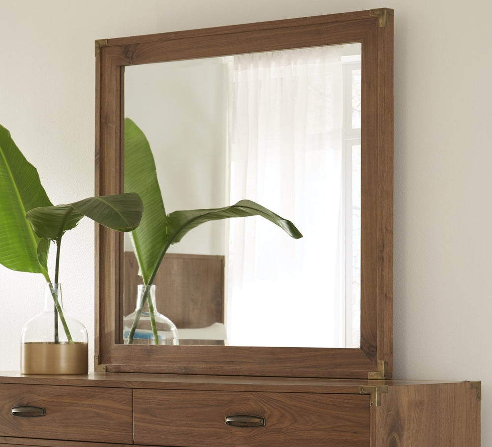 Adler Beveled Glass Mirror in Natural Walnut — styled on the matching dresser (sold separately)