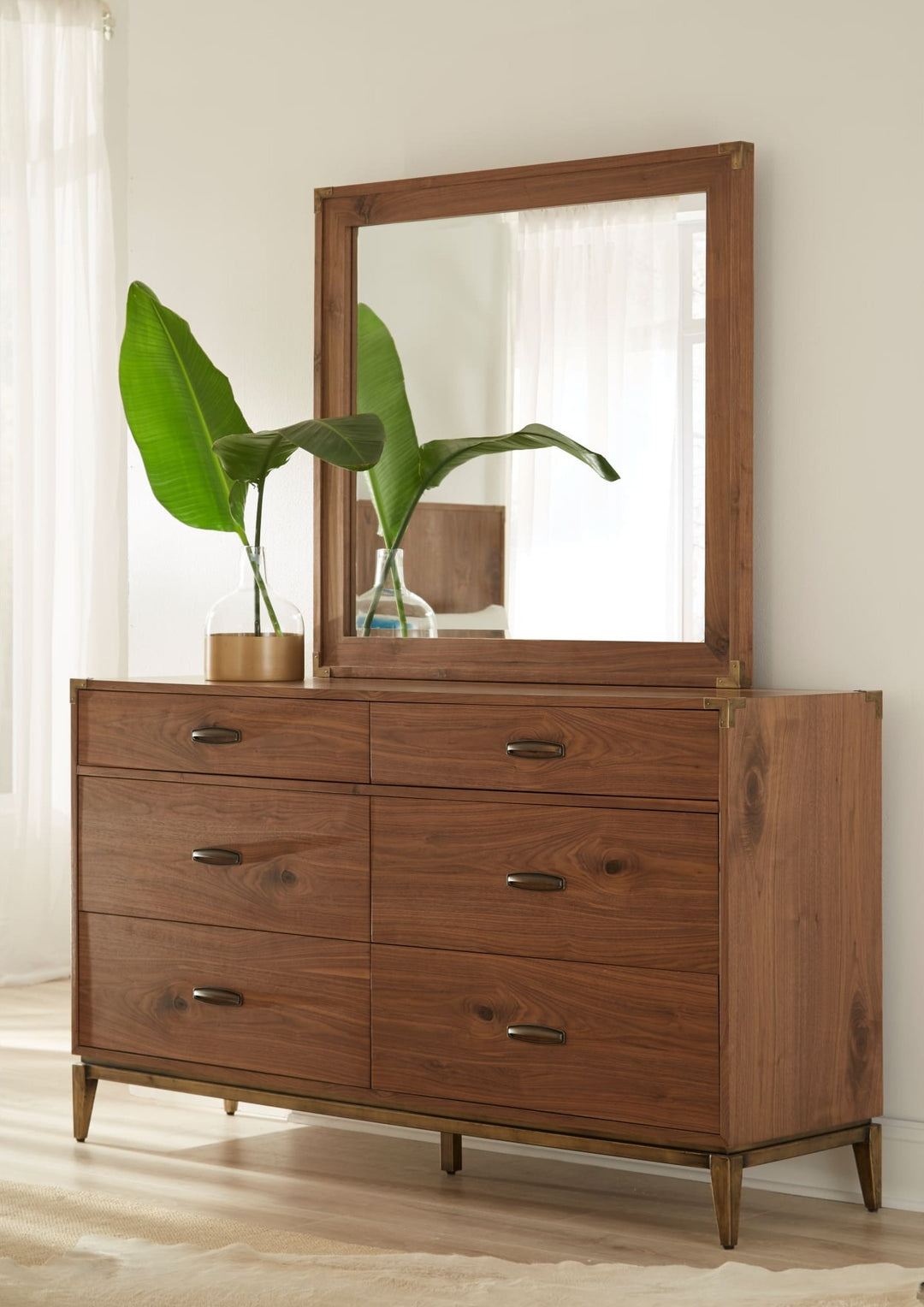 Adler Beveled Glass Mirror in Natural Walnut — styled on the matching dresser (sold separately)
