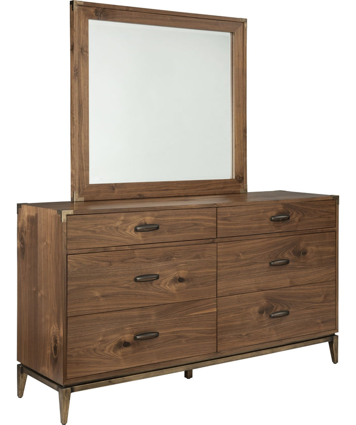 Adler Beveled Glass Mirror in Natural Walnut — on a white background, mounted on the matching dresser (sold separately)