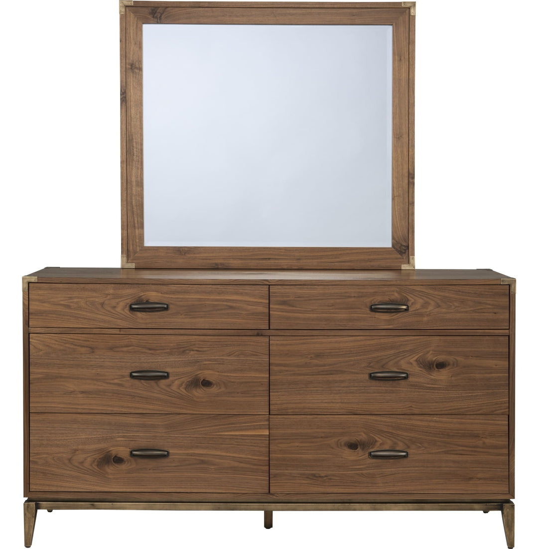 Adler Beveled Glass Mirror in Natural Walnut — on a white background, mounted on the matching dresser (sold separately)