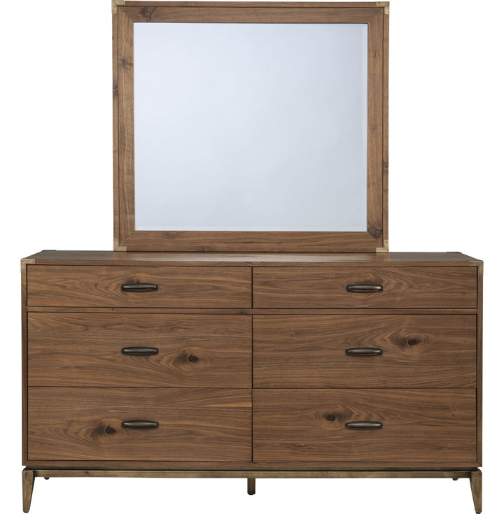 Adler Beveled Glass Mirror in Natural Walnut — on a white background, mounted on the matching dresser (sold separately)