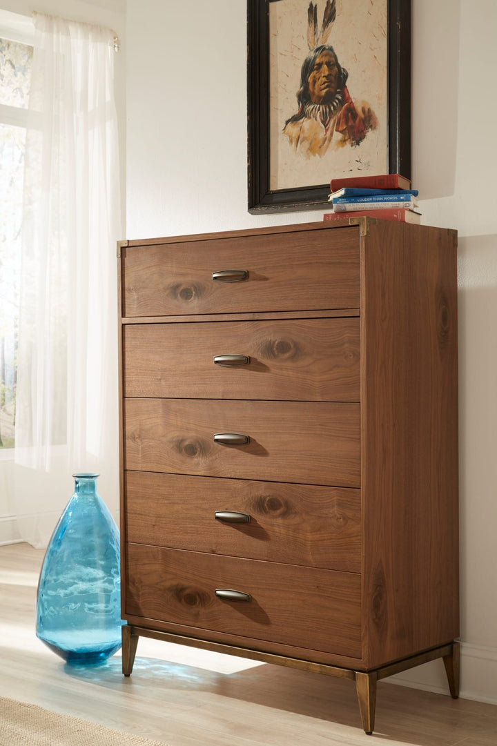Adler Five Drawer Chest in Natural Walnut — styled in a room