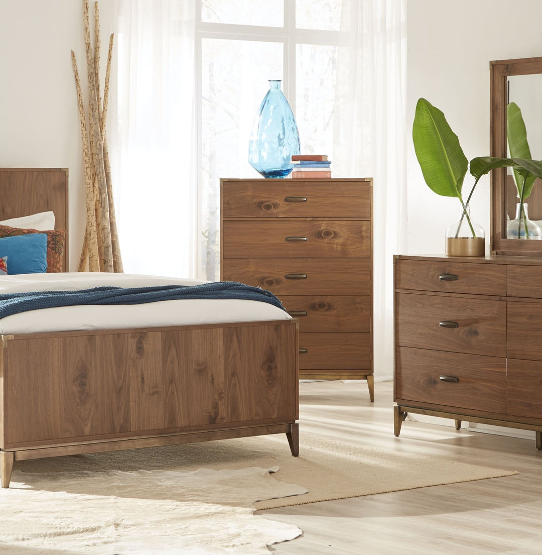 Adler Five Drawer Chest in Natural Walnut — in a bedroom setting