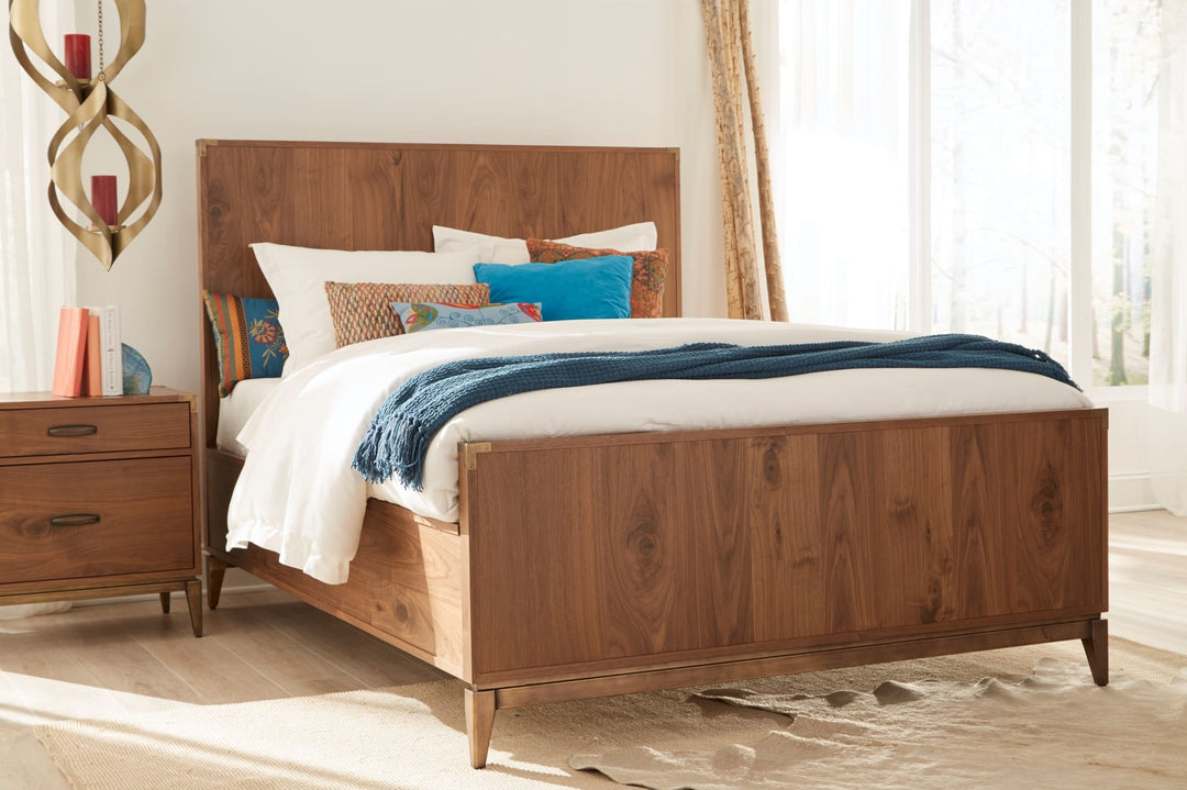 Adler Wood Panel Bed in Natural Walnut styled in a bedroom