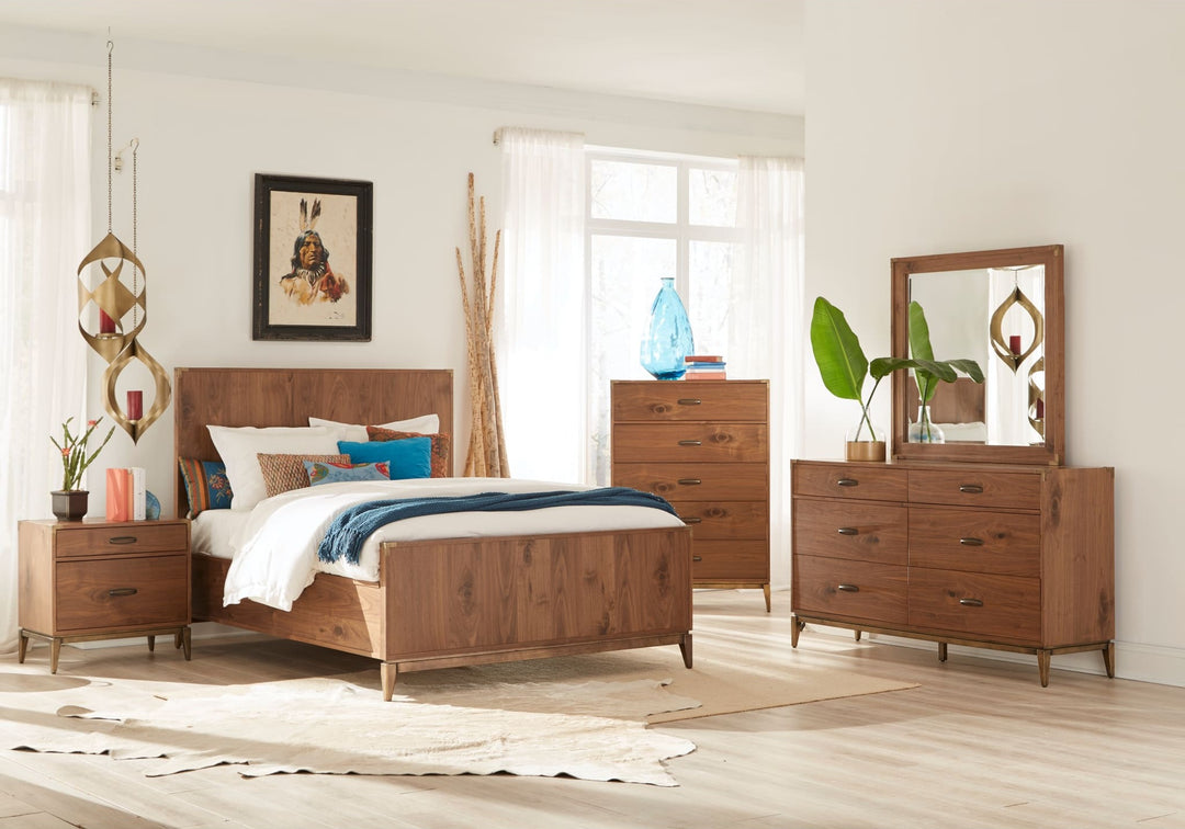 Adler Wood Panel Bed in Natural Walnut styled in a bedroom