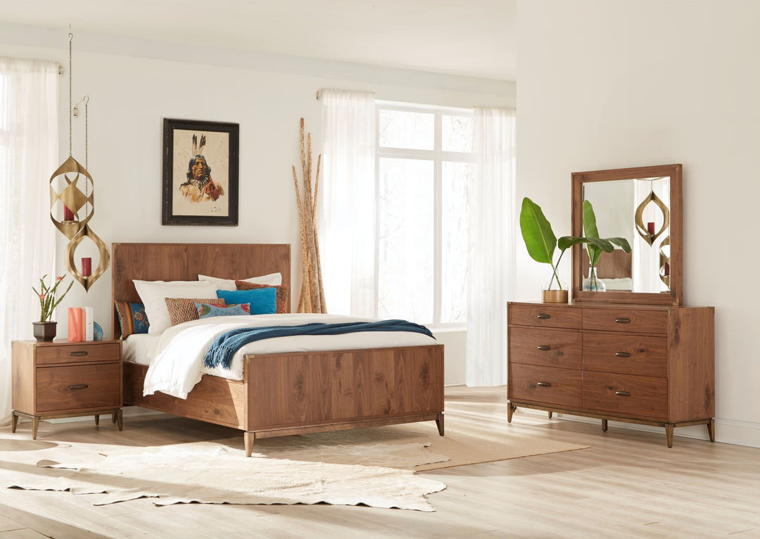 Adler Wood Panel Bed in Natural Walnut styled in a bedroom
