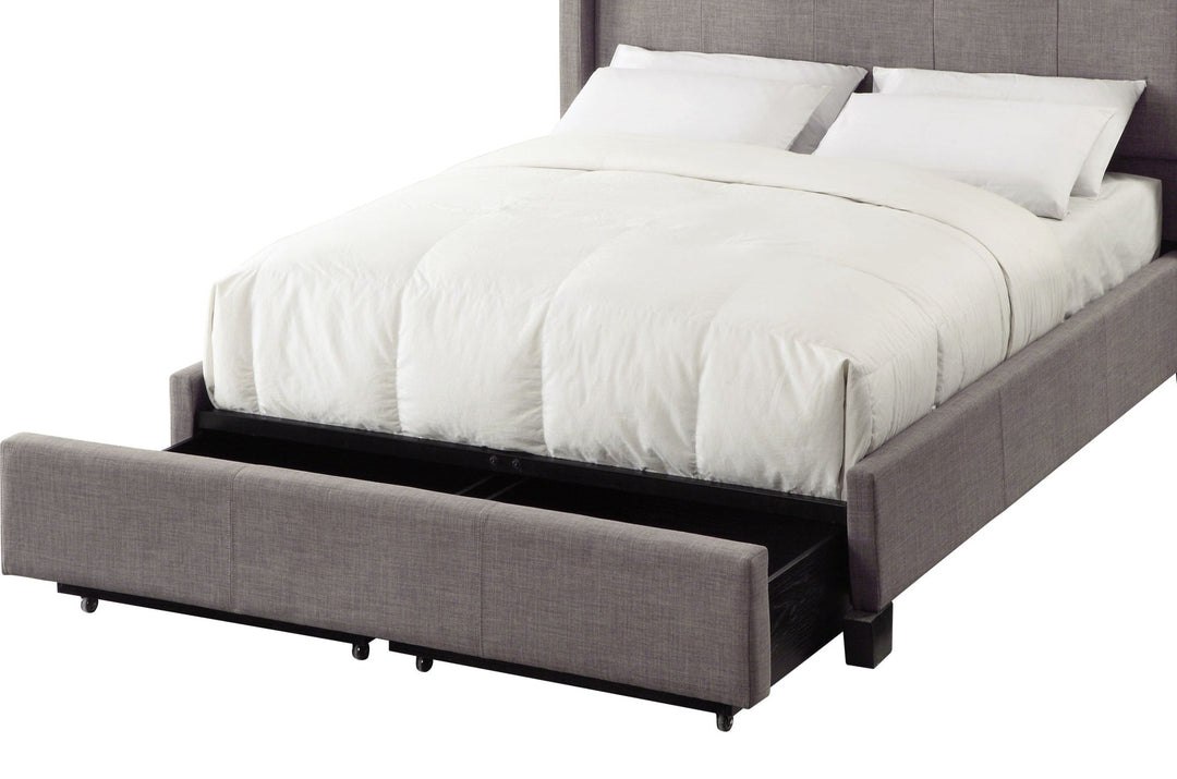 Adona Upholstered Footboard Storage Bed in Dolphin Linen — storage footboard pulled out