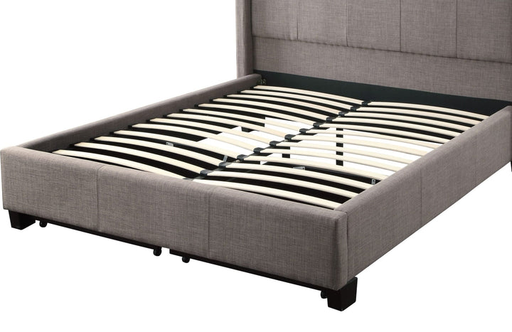 Adona Upholstered Footboard Storage Bed in Dolphin Linen — without mattress, showing slat platform