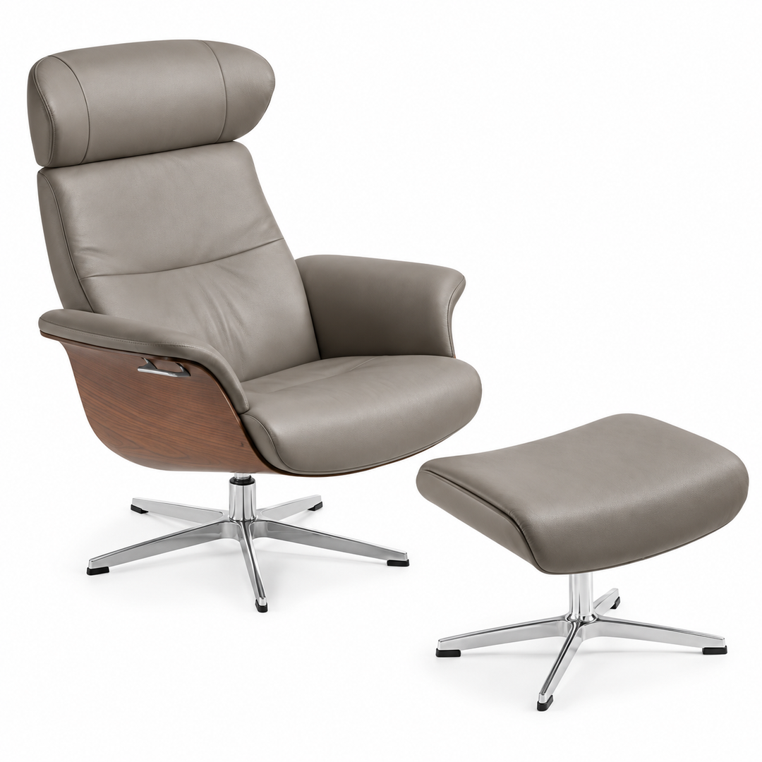 Timeout Recliner + Footstool – Cement Leather/Walnut Conform