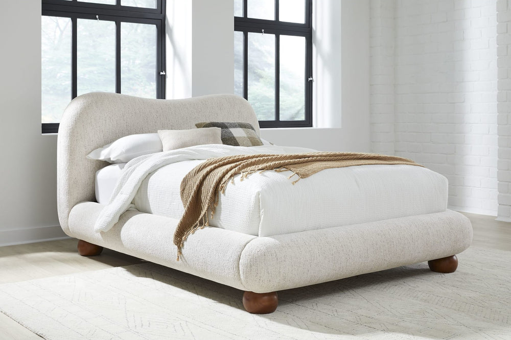 Afra Chenille Upholstered Platform Bed in Chinchilla styled in a bedroom