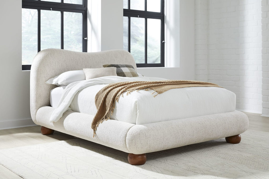 Afra Chenille Upholstered Platform Bed in Chinchilla styled in a bedroom