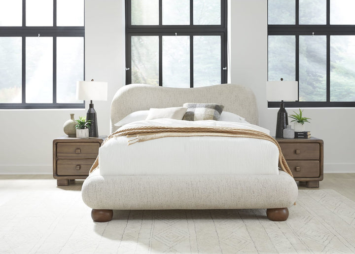 Afra Chenille Upholstered Platform Bed in Chinchilla styled in a bedroom