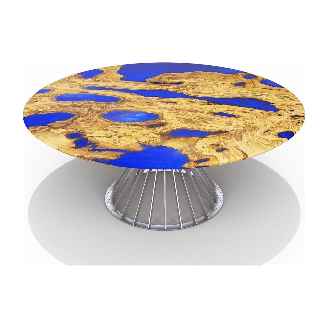 Amiata Olive Wood Pearl Blue Round Dining Table Arditi Collection