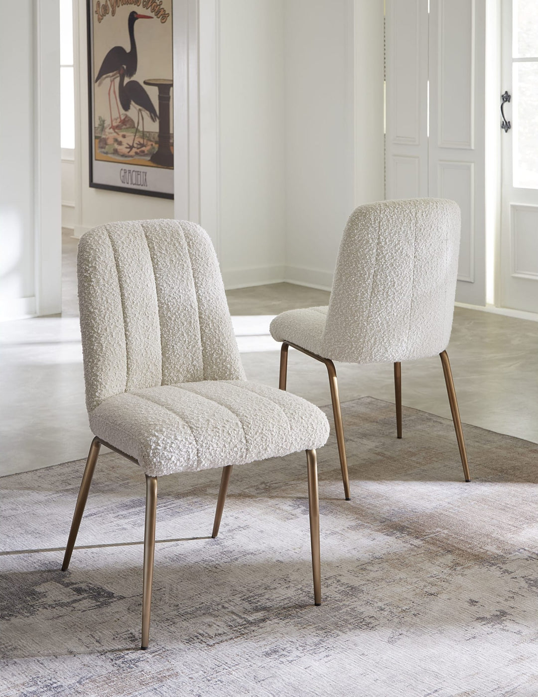 Apollo Upholstered Dining Chair in Ricotta Boucle and Brushed Bronze Metal — lifestyle photo