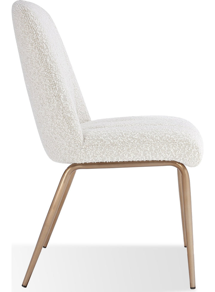 Apollo Upholstered Dining Chair in Ricotta Boucle and Brushed Bronze Metal — product view on a white background