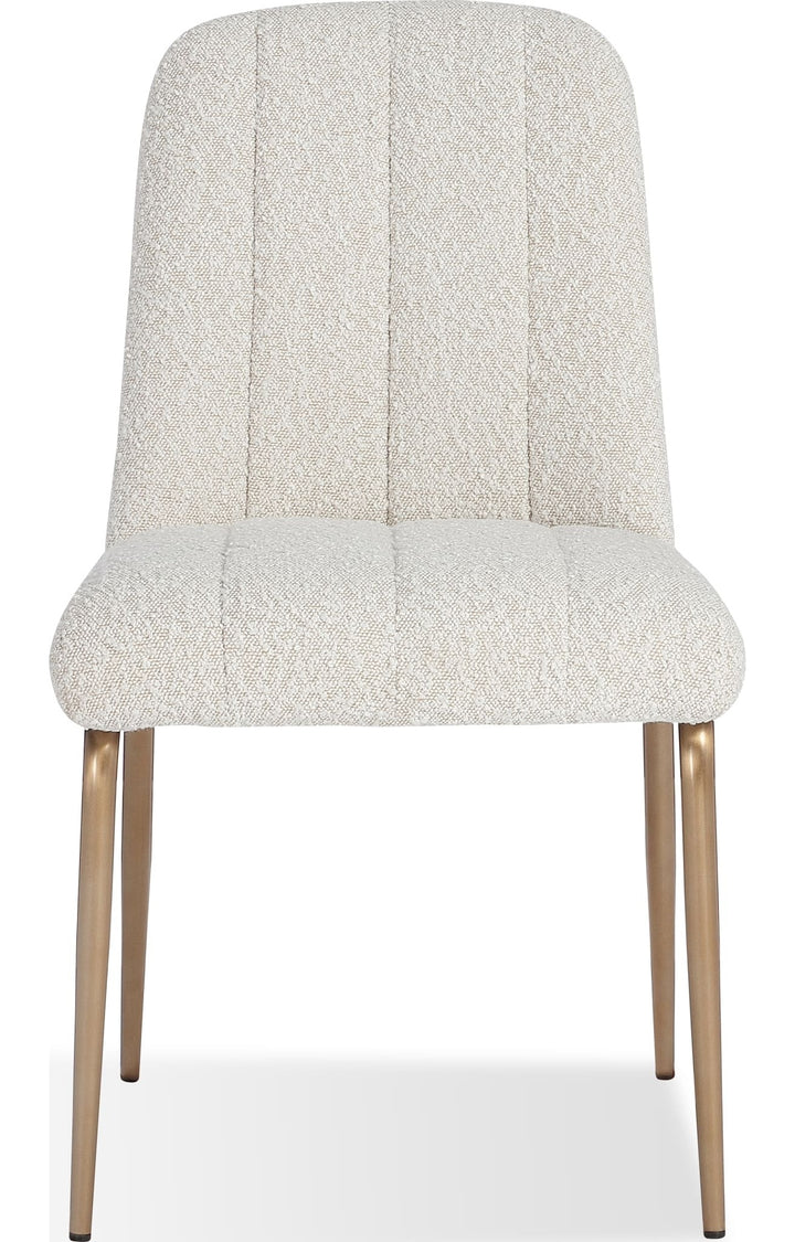 Apollo Upholstered Dining Chair in Ricotta Boucle and Brushed Bronze Metal — product view on a white background