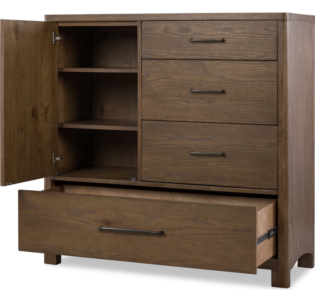 Arden Door Chest in Tavern Brown — with drawers open
