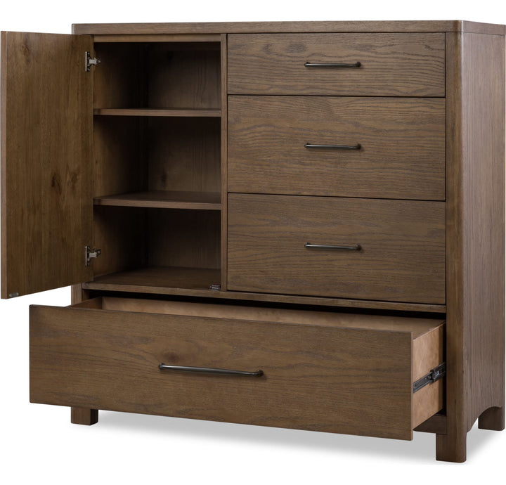 Arden Door Chest in Tavern Brown — with drawers open