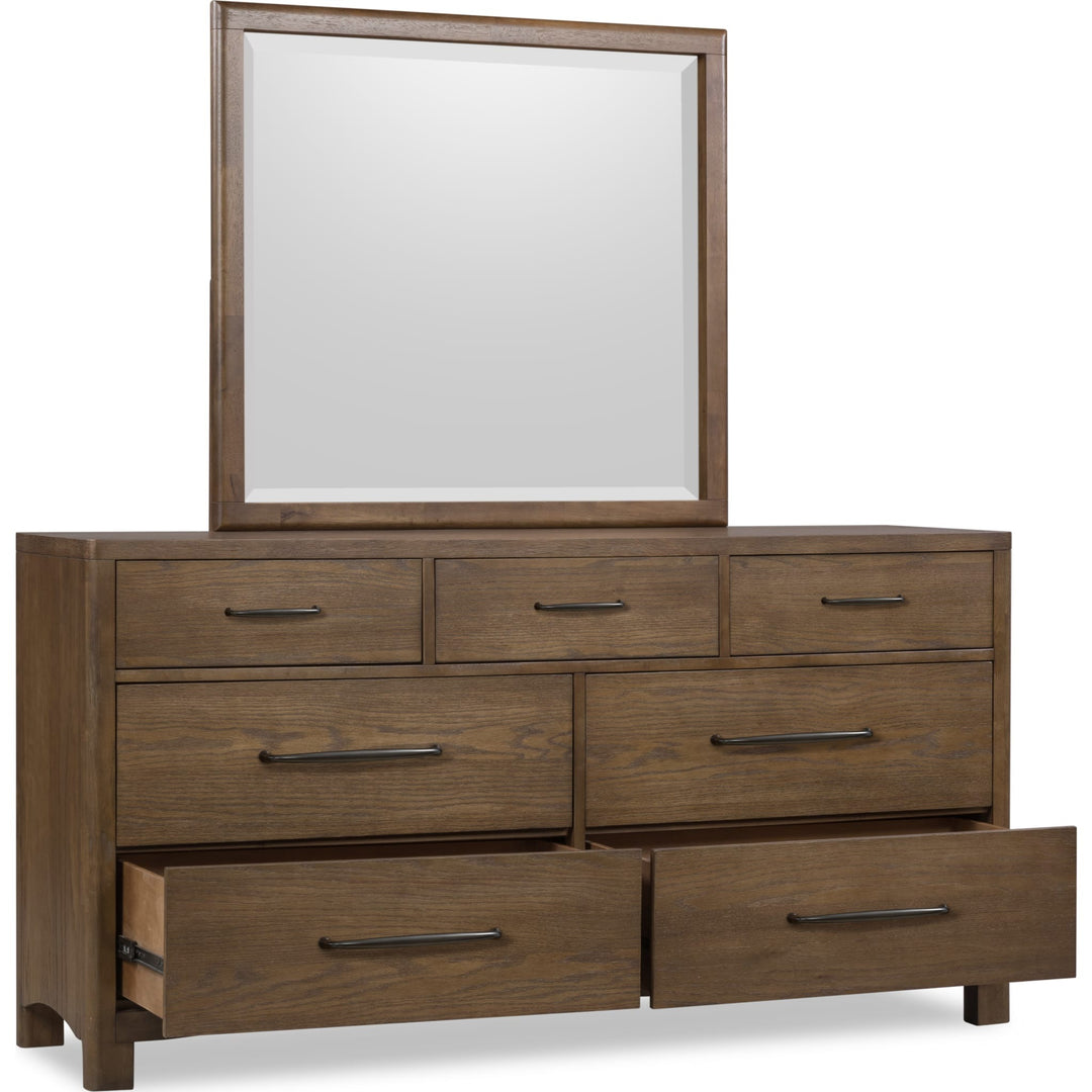 Arden Dresser in Tavern Brown — with drawers open, shown with the matching mirror (sold separately)