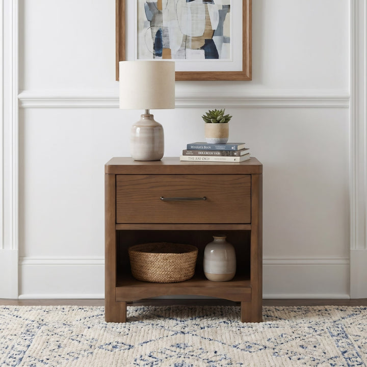 Arden One Drawer Nightstand in Tavern Brown — styled in a room