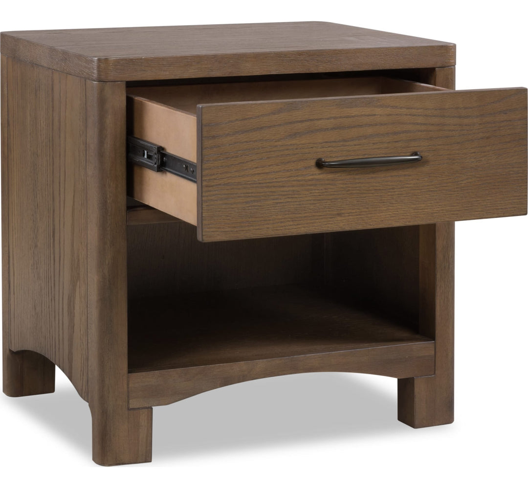 Arden One Drawer Nightstand in Tavern Brown — with drawers open