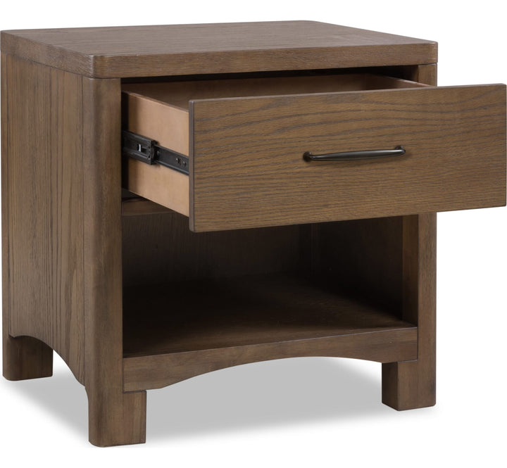 Arden One Drawer Nightstand in Tavern Brown — with drawers open
