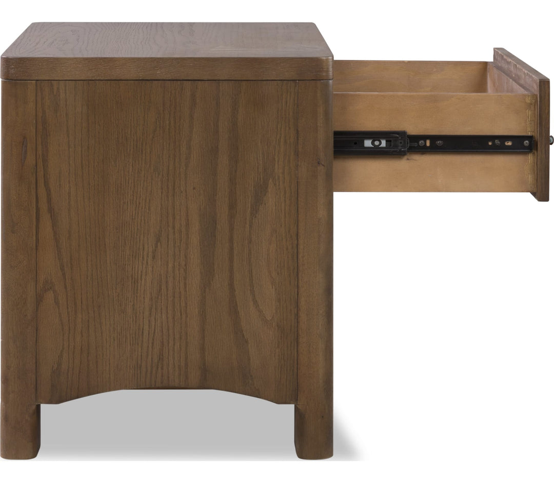 Arden One Drawer Nightstand in Tavern Brown — with drawers open