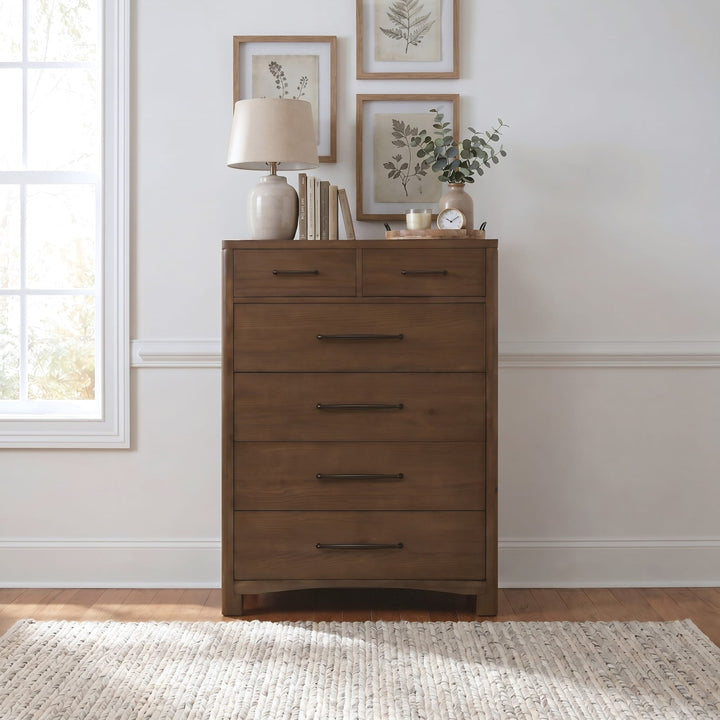 Arden Six Drawer Chest in Tavern Brown — styled in a room