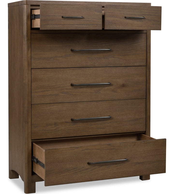 Arden Six Drawer Chest in Tavern Brown — with drawers open