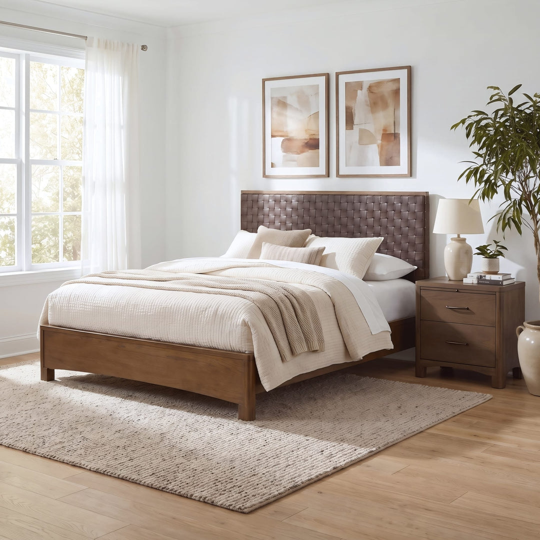 Arden Two Drawer Nightstand in Tavern Brown — in a bedroom setting