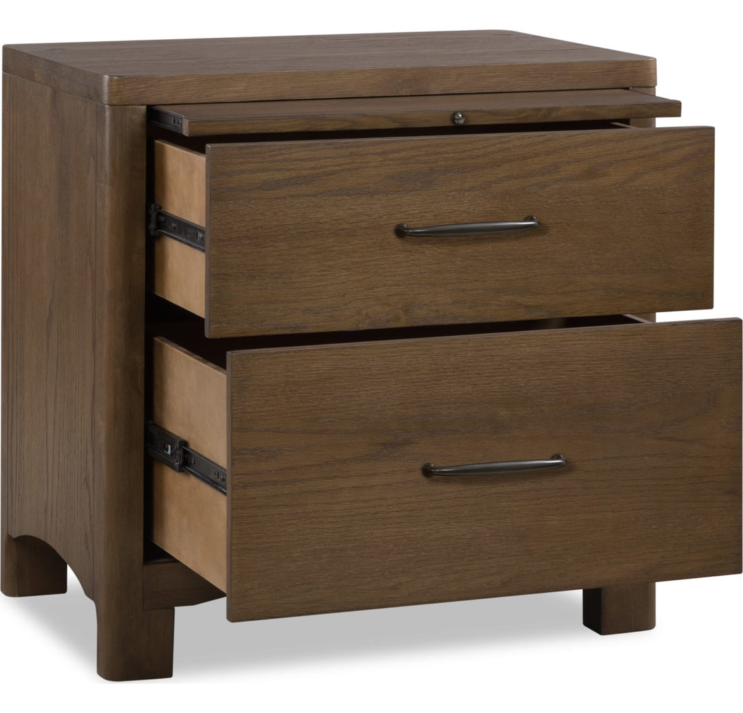Arden Two Drawer Nightstand in Tavern Brown — with drawers open