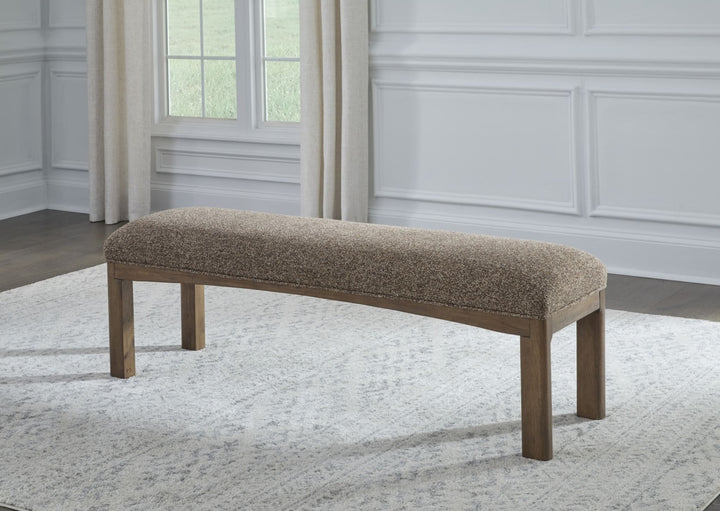 Arden Upholstered Dining Bench in Tavern Brown — lifestyle photo