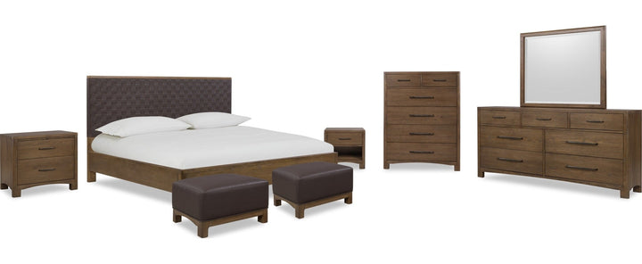 Arden Upholstered Ottoman in Tavern Brown — shown with the matching bedroom group (sold separately)