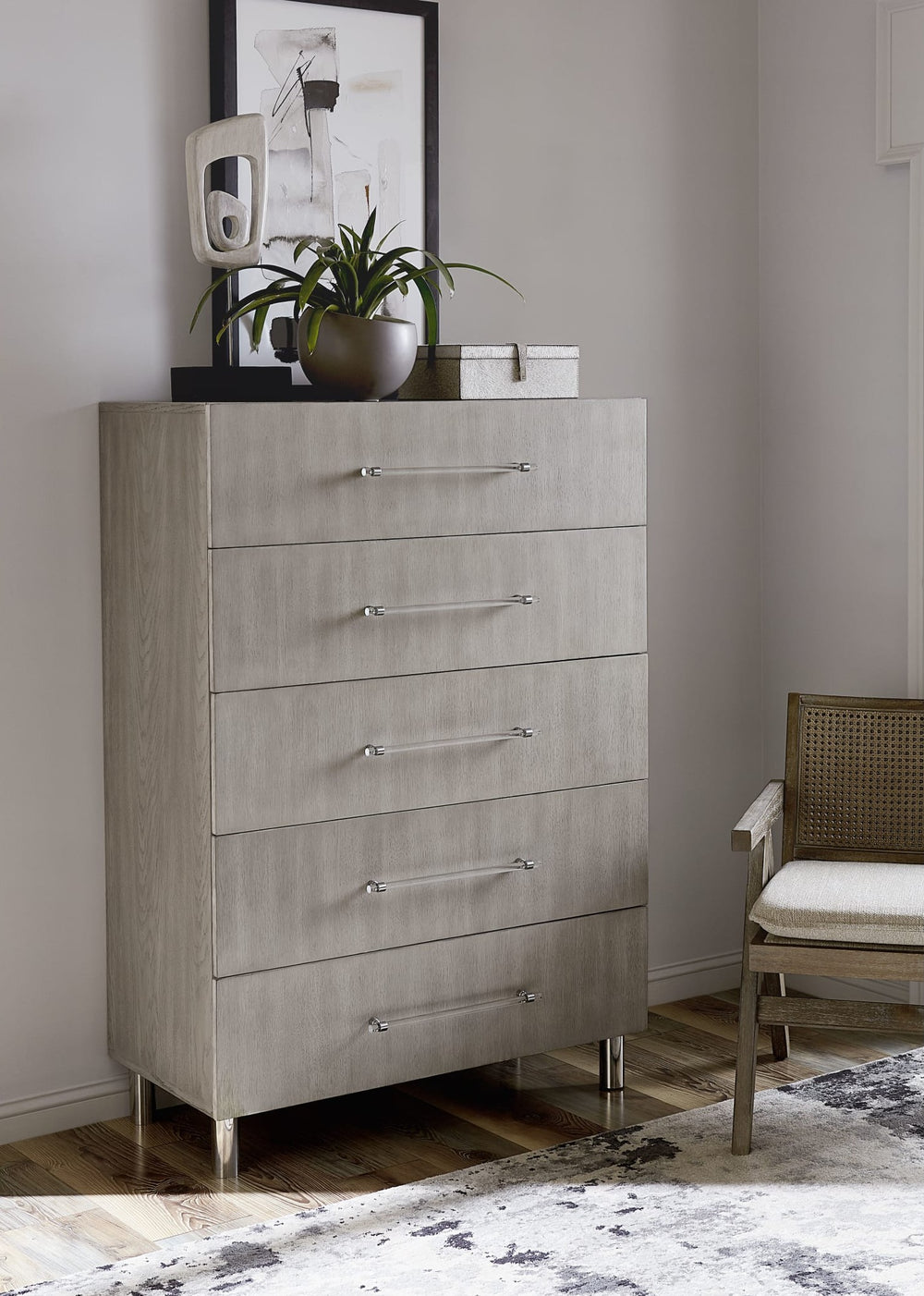 Argento Five Drawer Chest in Misty Grey — styled in a room