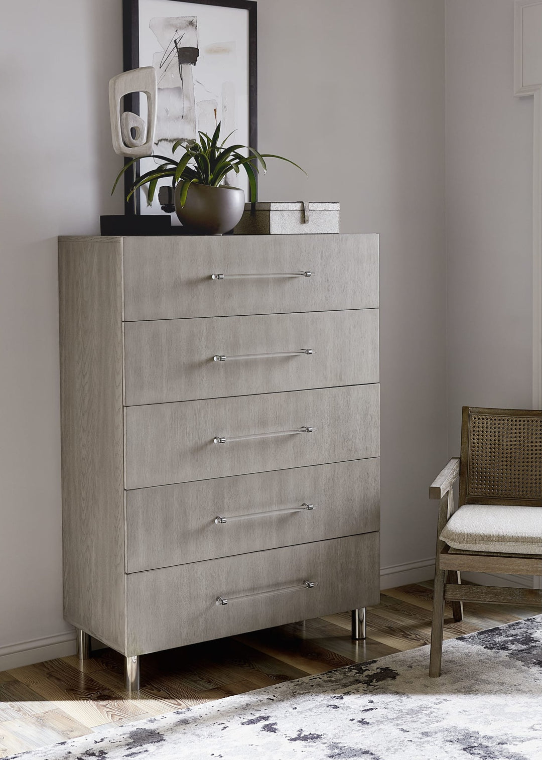 Argento Five Drawer Chest in Misty Grey — styled in a room