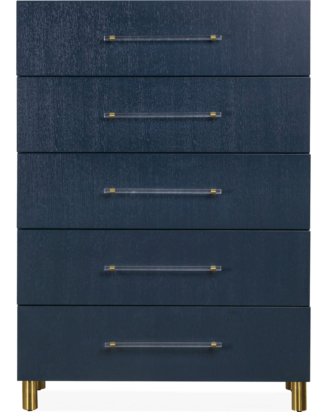 Argento Five Drawer Chest in Navy Blue &amp; Burnished Brass — on a white background