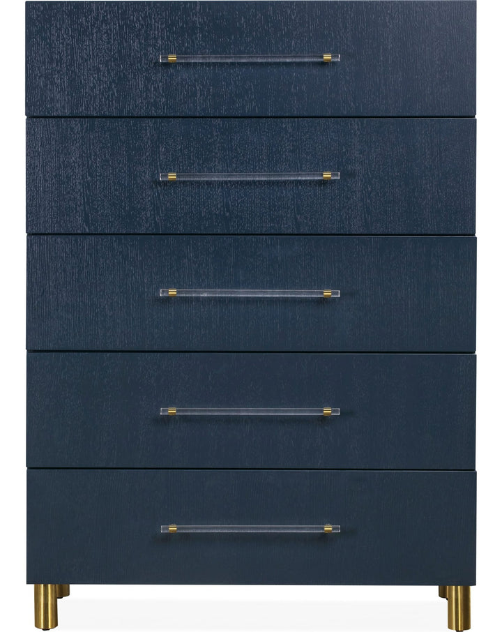 Argento Five Drawer Chest in Navy Blue &amp; Burnished Brass — on a white background