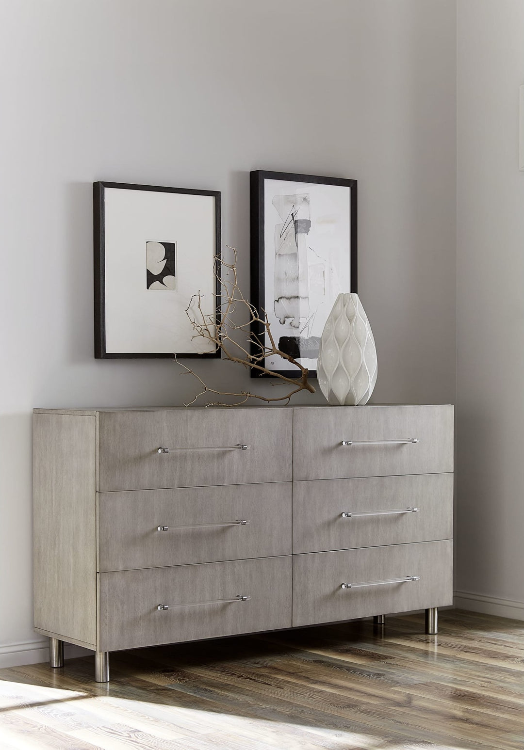 Argento Six Drawer Dresser in Misty Grey — styled in a room